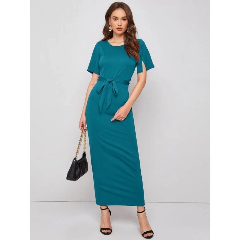 NEW!!! Size 8/10 Solid Belted Split Sleeve Fitted Dress in Teal Blue